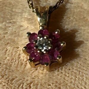 14K Gold Ruby and Diamond Vintage Necklace 19" braided chain in Original Box